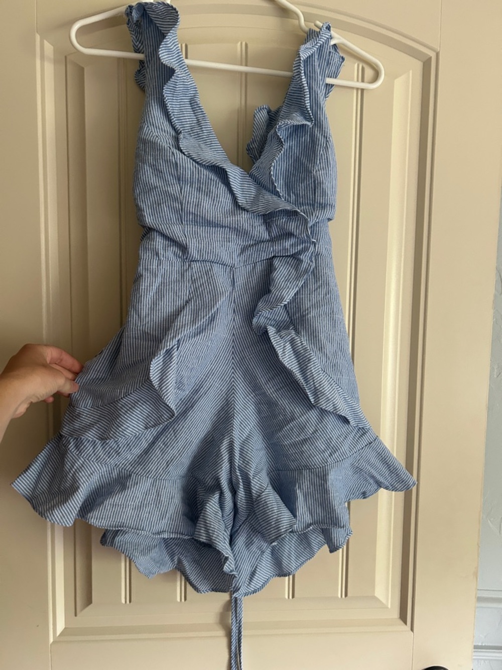 Mahina Blue Striped Ruffle Romper